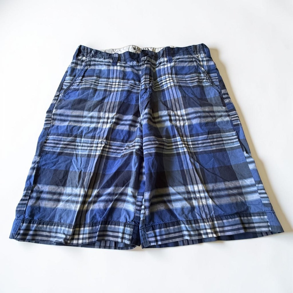 Y2K Nautica Jeans Co Mens Blue Plaid Cotton Flat Front Shorts Size 36W SKATER